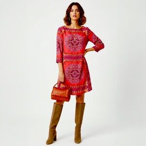 LAUNDRY by Shelli Segal Summer Dress Vibrant Pink Boho Mandela Scarf Print Shift